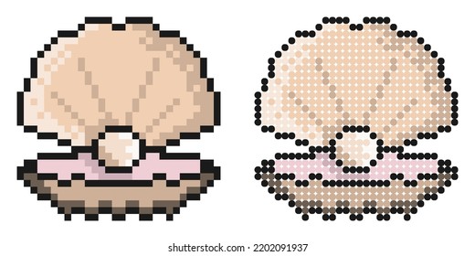 Pixel icon. Sea shining pearl icon and in open shell. Treasure of sea and ocean. Simple retro game vector isolated on white background