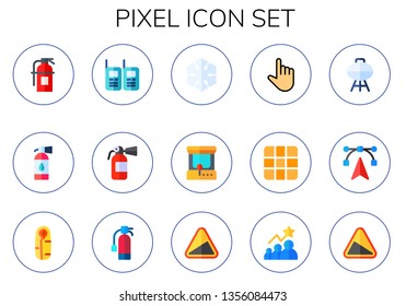 pixel icon set. 15 flat pixel icons.  Collection Of - fire extinguisher, walkie talkies, freezer, arcade machine, select, pixels, barbacue, edit tools, sleeping bag, slope, selection