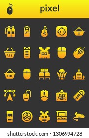pixel icon set. 26 filled pixel icons.  Simple modern icons about  - Oxigen, Mouse, Sleeping bag, Dohyo, Shopping basket, Space invaders, Waiting room, Bayterek, Skyscrapper, Edit tools