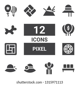 pixel icon set. Collection of 12 filled pixel icons included Waiting room, Balloon, Pamela, Cooler, Tatami, Balloons, Dispersion