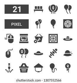 pixel icon set. Collection of 21 filled pixel icons included Balloon, Kasa, Shopping basket, Pixel, Pamela, Hub, Computer mouse, Cooler, Arcade machine, Waiting room