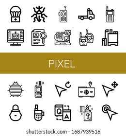 pixel icon set. Collection of Airdrop, Edit tool, Weevil, Dossier, Walkie talkie, Svg, Tow truck, Pesticide, Woodlouse, Wicker basket, Cursor, Q a, Freezer, Lighter icons