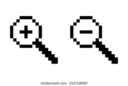 Pixel Icon Set Of Magnifying Glass. Mouse Cursor Symbol. Vector Illustration Isolated On White Background. Search Interface Symbol. Zoom In, Zoom Out.