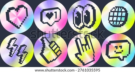 Pixel icon set on holographic gradient circles. Retro 8-bit style symbols with heart, chat, eyes, globe and hand icons. Trendy Y2K digital elements for social media, apps, UI and modern design