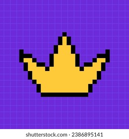 Pixel icon in the shape of a crown on a bright purple background. Illustration in the style of an 8-bit retro game, controller.