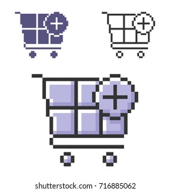 Pixel icon of  shopping trolley with plus sign (add to cart) in three variants. Fully editable