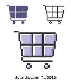 Pixel icon of  shopping trolley in three variants. Fully editable