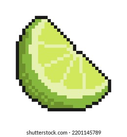 Pixel icon, sliced lime fruit, juicy citrus. Exotic lemon fruit. Harvesting of Citrus. Simple retro game vector isolated on white background