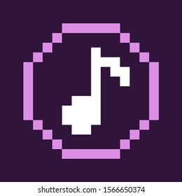 Pixel icon of sound vector, isolated note in circle 8 bit retro game graphics, regulation of music level, navigation button in gaming process flat style