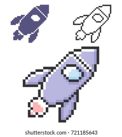 Pixel icon of space rocket in three variants. Fully editable