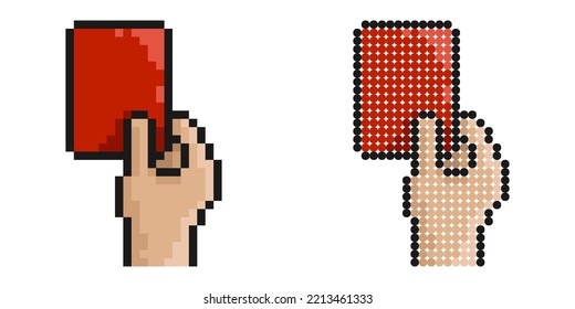 Pixel icon. Sports referee hand showing card for player breaking rules. Sports team game of soccer, football. Simple retro game vector isolated on white background