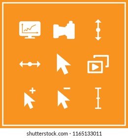 pixel icon. This set with line graphic on monitor screen, video file list, cursor and compact camera vector icons for mobile and web