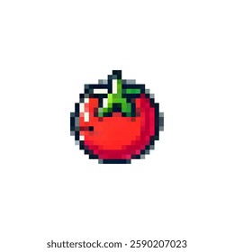 Pixel icon tomato. Logo vegetable tomato in pixel style 80s, 90s. Food tomato for games, websites, animations. 8bit icon. Vector vintage icon retro tomato.