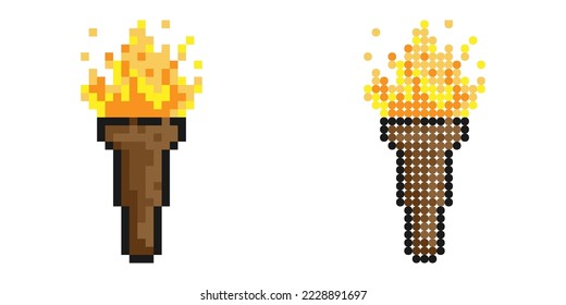 Pixel icon. Torch icon with burning fire. Road lighting. Simple retro game vector isolated on white background