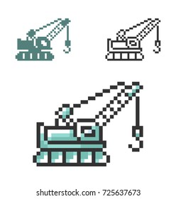 Pixel icon of tractor crane in three variants. Fully editable