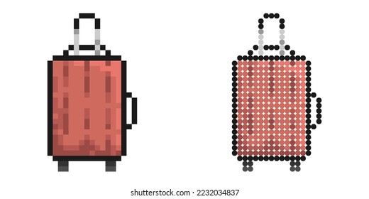 Pixel icon. Travel bag. Suitcase for luggage on wheels. Transportation of things in transport while on vacation. Simple retro game vector isolated on white background