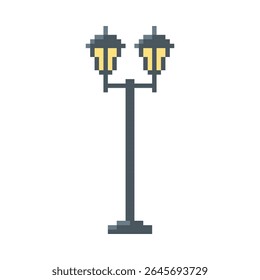 Ícone de pixel do poste de lâmpada vintage com dois abajures. Ilustração vetorial de 8 bits. Iluminação pública. Jogo de arcade. Arquitetura urbana retrô. Interface do usuário. Plano de fundo isolado. Minimalismo.