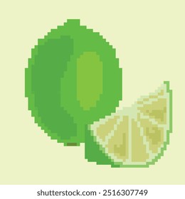 Pixel icon of whole lime and its slices in vector. Perfect for tropical designs, packaging, textiles and creative digital projects.