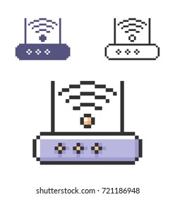Pixel icon of wireless fidelity router in three variants. Fully editable