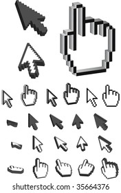 Pixel Icons in 3D - vector illustrations.  This file contains the original 'popular' arrow and hand icons, as well as a variety of 3D pixel icons