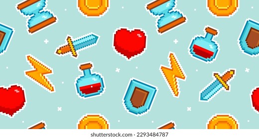 Pixel icons in 8 bit retro video game style seamless pattern background. 80s -90s Geek style pixel pattern. Pixel game elements Geek style backgroud for print fabric and textile design