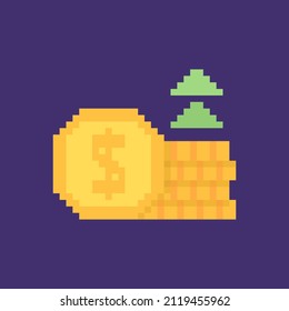 pixel icons. add coins, currency value goes up, income increases. bit style. illustration concept design. assets, games, elements