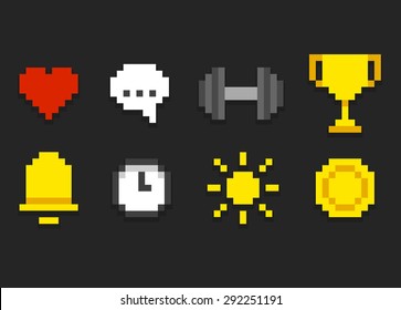 Pixel icons for app, web or video game interface. Health and activity, alarm and notification and more.