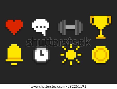 Pixel icons for app, web or video game interface. Health and activity, alarm and notification and more.