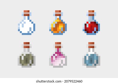 Pixel icons of bottles with potion. Big set of containers for potions isolated on white background. Flask with water, Potion of healing, fire resistance, regeneration, strength, haste. Game concept.