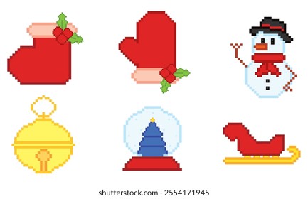 Pixel icons of Christmas decorations and lights Vector