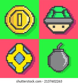Pixel icons. egg and bomb, turtle and coin, pixel collection isolated on white