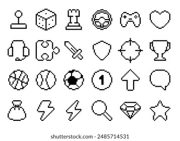 Pixel icons, pixel emoji set, pixel emoji pack, pixel art, set of icons in vector, icons, 8bit, set of 24 black and white emojis