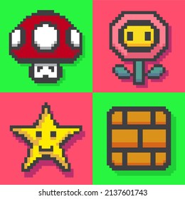 Iconos de píxeles. colección de píxeles de flores y ladrillos, estrellas y hongos aislados en blanco