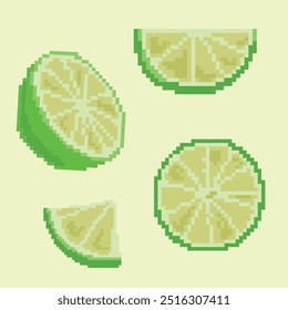 Pixel icons of half of juicy green lime and its slices on light green background. Perfect for tropical designs, packaging, textiles and creative digital projects.