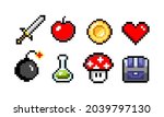 Pixel icons. inspired by old school games, sword and potion, skull and coin, mushroom and heart, pixel collection isolated on white