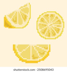 Pixel icons with lemon slices. Ideal for game and retro design, packaging, textiles and digital art projects.