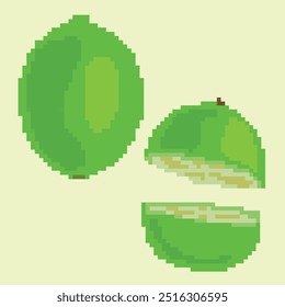 Pixel icons of lime green and its halves on a light green background. Perfect for tropical designs, packaging, textiles and creative digital projects.