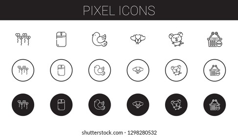 pixel icons set. Collection of pixel with balloons, mouse, pigeon, shopping basket. Editable and scalable pixel icons.