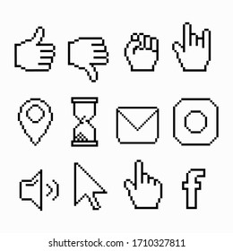 pixel icons set of computer process, social media, internet technology. simple symbols. hand gestures. vector illustration