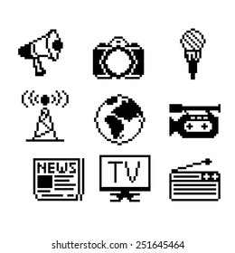 Pixel icons set. Information, communication and news. The old school of computer graphics.