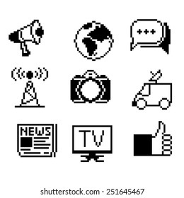 Pixel icons set. Information, communication and news. The old school of computer graphics.