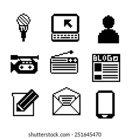 Pixel icons set. Information, communication and news. The old school of computer graphics.