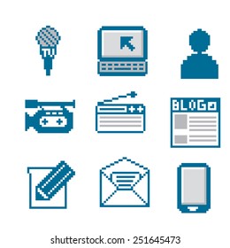 Pixel icons set. Information, communication and news. The old school of computer graphics.