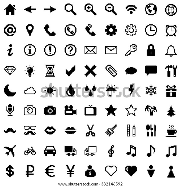 Pixel icons set on different themes: internet,\
web, weather, currency,\
transport