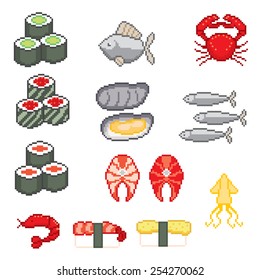 Pixel icons set with Seafood and Sushi. Old school computer graphic style.