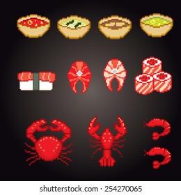 Pixel icons set with Seafood and Sushi. Old school computer graphic style.