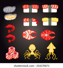 Pixel icons set with Seafood and Sushi. Old school computer graphic style.