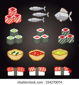 Pixel icons set with Seafood and Sushi. Old school computer graphic style.