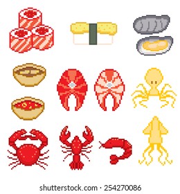 Pixel icons set with Seafood and Sushi. Old school computer graphic style.