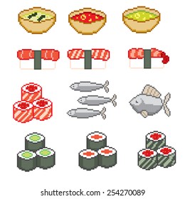 Pixel icons set with Seafood and Sushi. Old school computer graphic style.